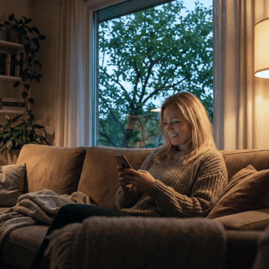 Kvinde sidder i en sofa og bruger sin telefon.